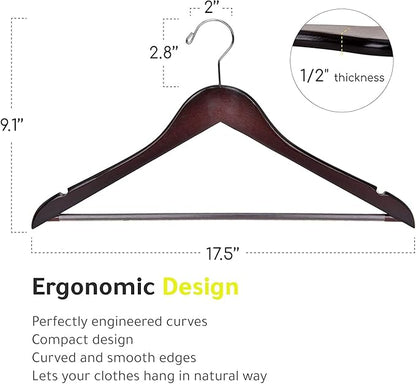 Quality Wooden Hangers - Slightly Curved Hanger 30-Pack Sets - Solid Wood Coat Hangers with Stylish Chrome Hooks - Heavy-Duty Clothes, Jacket, Shirt, Pants, Suit Hangers (Walnut - Chrome Hook, 30)