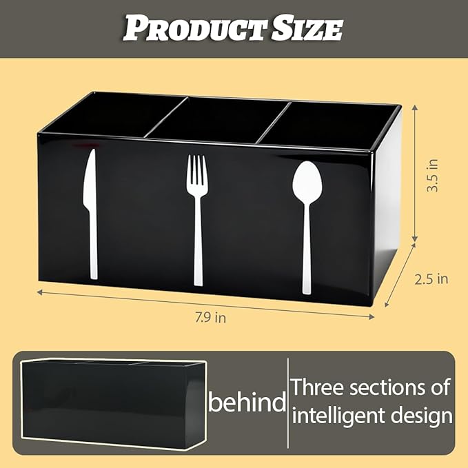 Black Acrylic Cutlery Storage Organizer,Plastic Silverware Holder,Silverware Caddy 3 Section Tableware Plastic Holder for Kitchen Storage Indoor Outdoor Decoration Supplies