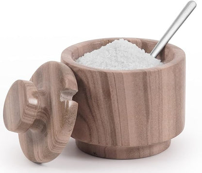 MARBLOUS KRAFTS Marble Salt Cellar with Lid & Spoon 3" Brown Small Flaky Salt Box and Sugar Jar for Spice Storage on Countertop, Kitchen Seasoning Container, Ideal Mother’s Day Gift for Mom