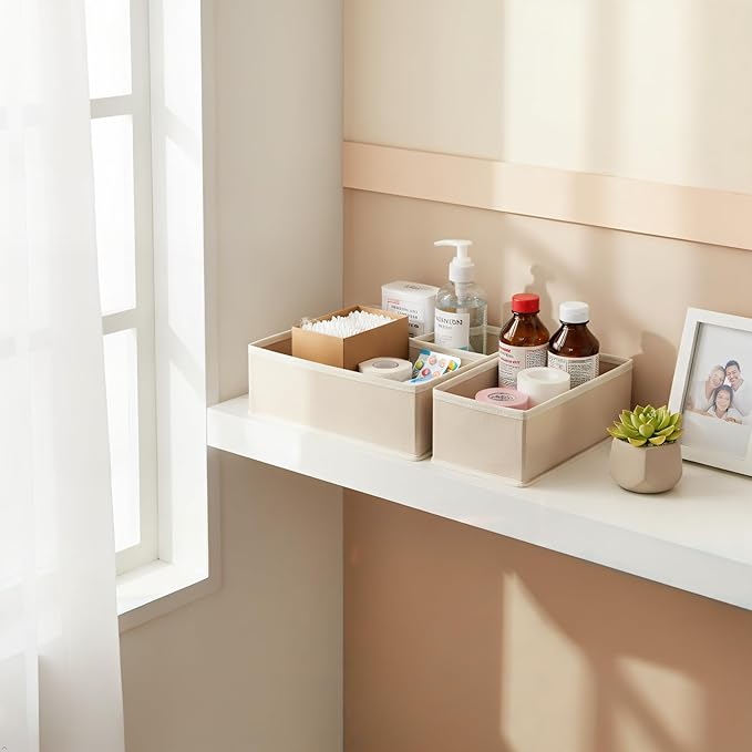 Underwear Drawer Organizer 2 Pack - Foldable Fabric Storage Bins for Dresser & Closet, Khaki Sock and Bra Dividers, 2 Sizes for Bedroom Organization