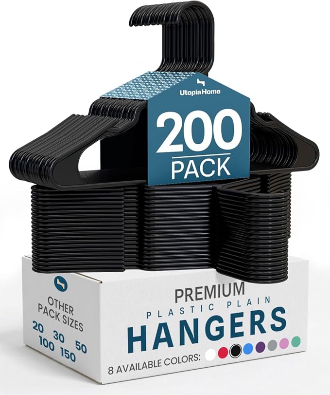 Utopia Home Plastic Hangers 200 Pack - Perfect Space Saving Clothes Hanger - Durable and Strong - Perfect Closet Organizers with Shoulder Grooves (Black)