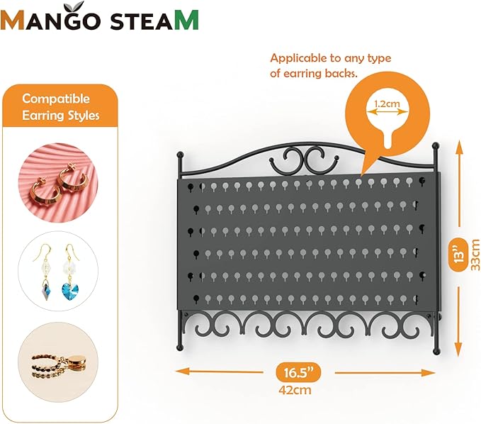 Mango Steam Wall Mounted Closet/Wardrobe Display Hanger Organizer for Jewelry & Earrings With Hooks for Necklaces, Bracelets, Accessories - Black