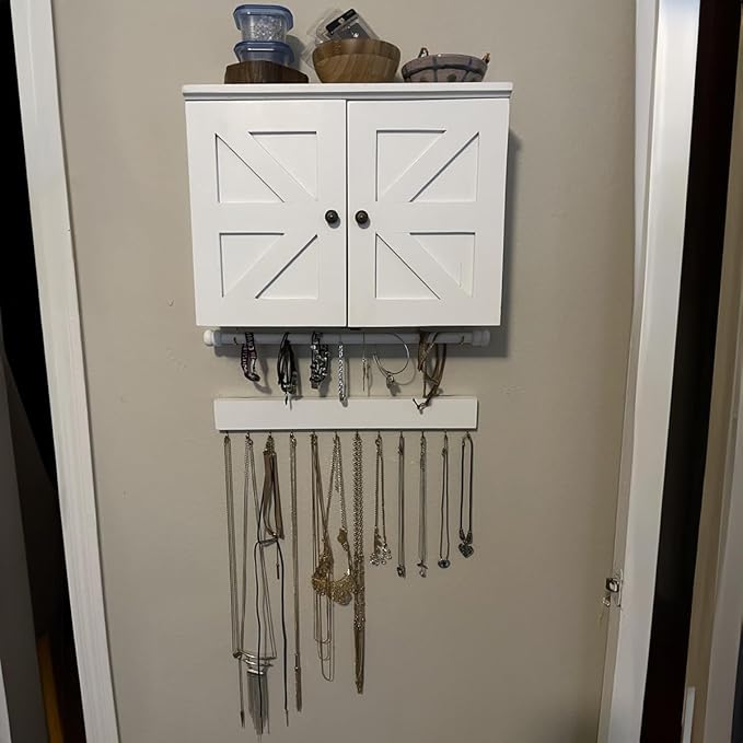 Rustic Wall Mounted Jewelry Organizer,Vintage Wooden Hanging Jewelry Holder Box with Barndoor Decor for Necklaces, Earings, Bracelets, Rings, Accessories. Includes Hook Organizer