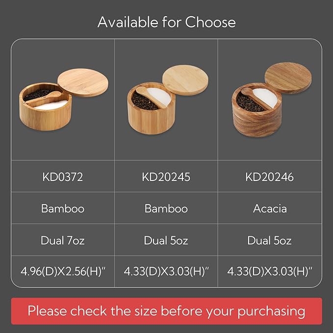 KITCHENDAO Bamboo Salt and Pepper Bowl Box Cellar, Built-in Spoon, Two Compartments Spice Seasoning Container, Sea Salt Cellar Holder, Magnetic Swivel Lid, Dual 5oz Capacity