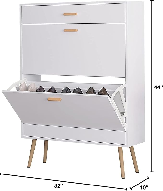 Shoe Storage Cabinets, Free Standing Shoe Organizer with 2 Flip Drawers for Entryway, Narrow 3 Tier Entryway Hidden Shoe Rack with Doors for Heels, Boots, Slippers (White-2 Flip Drawers)
