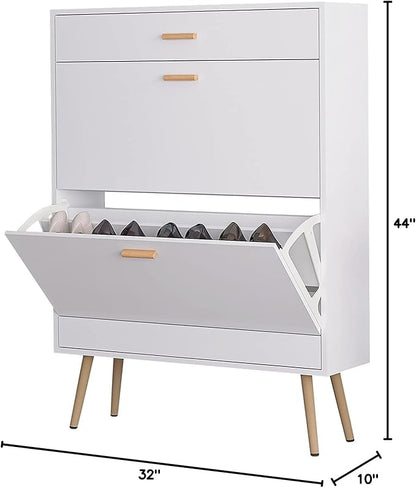 Shoe Storage Cabinets, Free Standing Shoe Organizer with 2 Flip Drawers for Entryway, Narrow 3 Tier Entryway Hidden Shoe Rack with Doors for Heels, Boots, Slippers (White-2 Flip Drawers)
