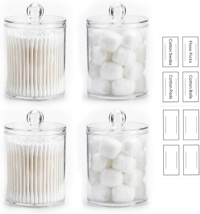 novelinks Acrylic Plastic Qtip Holder Dispenser, Apothecary Jar Canister Set with Lids for Cotton Swabs, Balls, Round Pads & Floss Picks - Bathroom Vanity Makeup Organizer (Clear, 4 Pack)