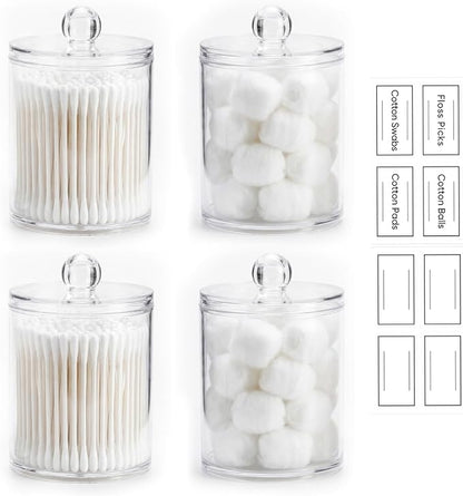 novelinks Acrylic Plastic Qtip Holder Dispenser, Apothecary Jar Canister Set with Lids for Cotton Swabs, Balls, Round Pads & Floss Picks - Bathroom Vanity Makeup Organizer (Clear, 4 Pack)