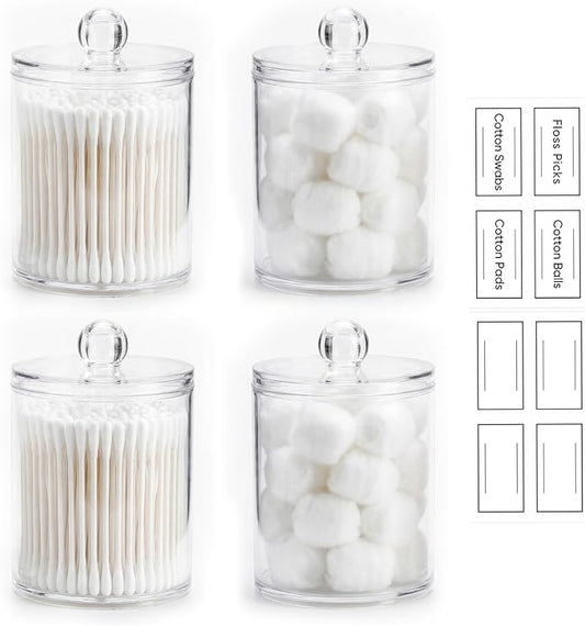novelinks Acrylic Plastic Qtip Holder Dispenser, Apothecary Jar Canister Set with Lids for Cotton Swabs, Balls, Round Pads & Floss Picks - Bathroom Vanity Makeup Organizer (Clear, 4 Pack)