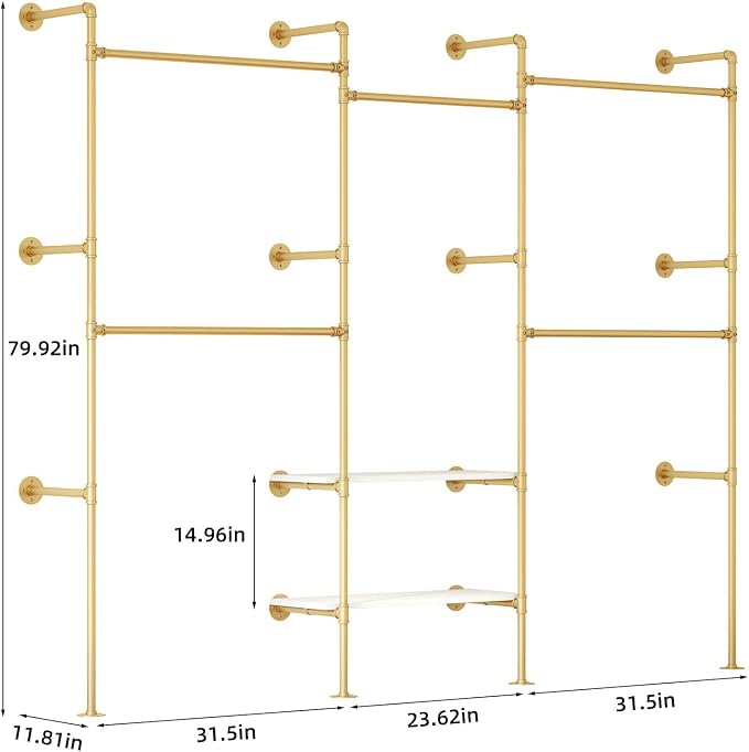 Industrial Pipe Clothes Rack,Wall Mounted Closet Wardrobe Rack, Corner L Shaped Walk-in Closet System, 2 Installation Methods (Gold, 80" H x 86" W)