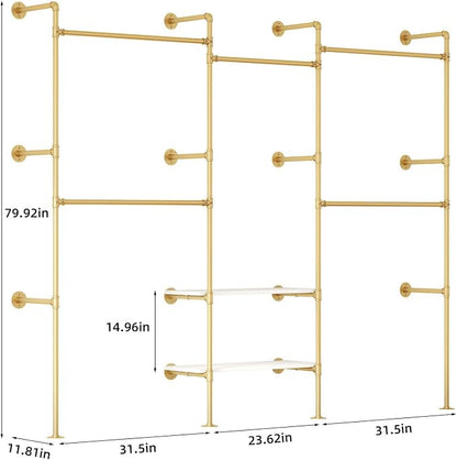 Industrial Pipe Clothes Rack,Wall Mounted Closet Wardrobe Rack, Corner L Shaped Walk-in Closet System, 2 Installation Methods (Gold, 80" H x 86" W)