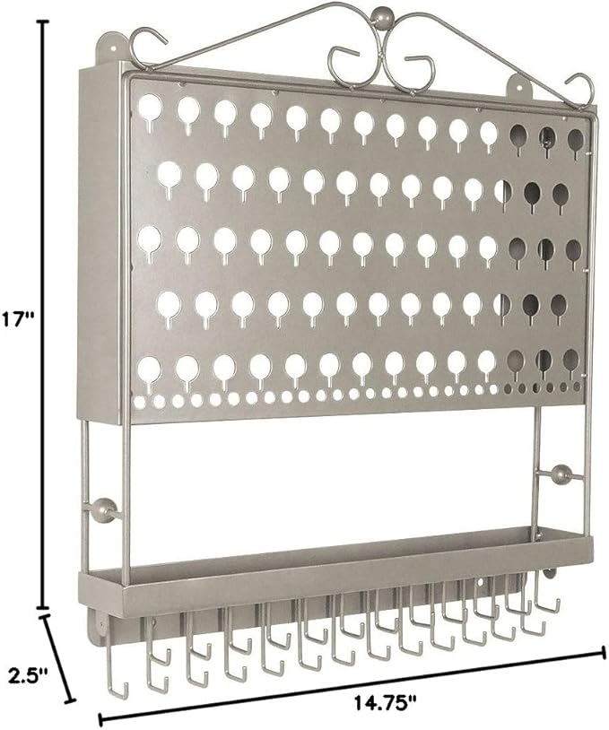JR20-SN Silver Satin Nickel Wall Mounted Organizer Necklace Holder Earring & Jewelry Display Rack with Tray
