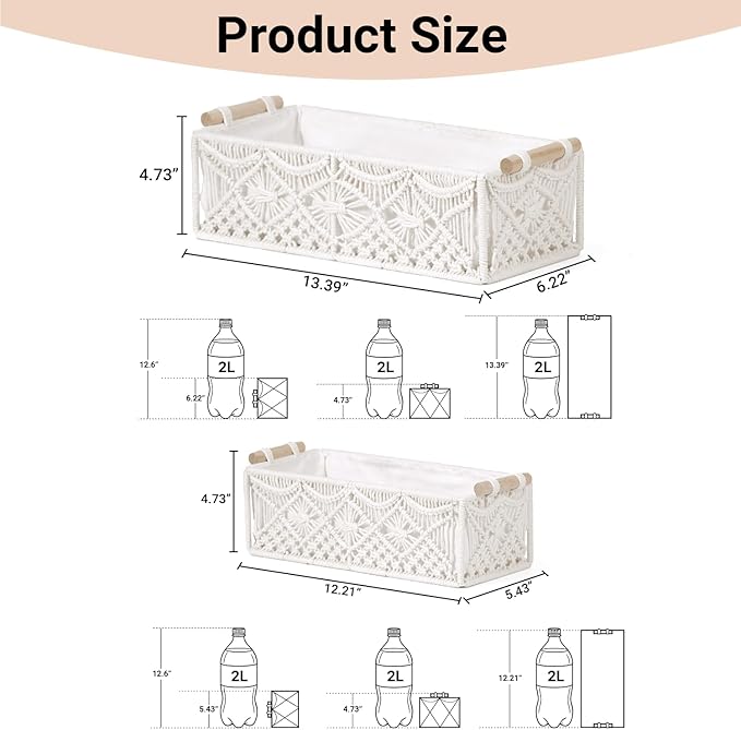 Nonam Macrame Storage Baskets, Boho Decor Style Woven Storage Boxes for Home Organization, Toilet Tank Shelf Cabinet Organizer Baskets,Set of 2-Weave White