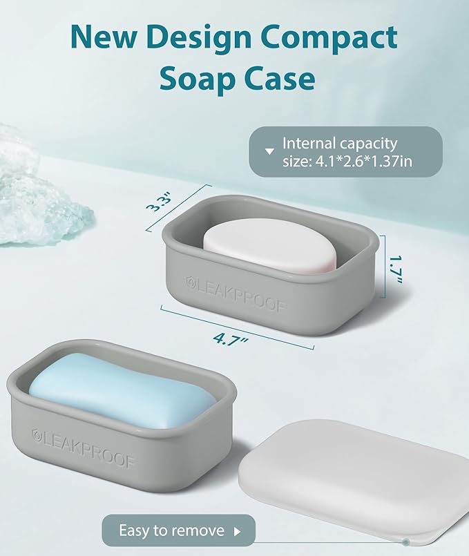 Quatish Compact Leakproof Travel Soap Case, Silicone Soap Box with Draining Layer, Enhanced Soap Container, Suitable for Camping, Gym, Bathroom, Outdoor Essentials, Grey