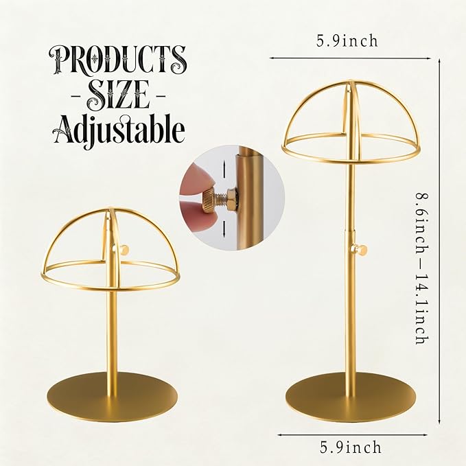 Hat Display Stand 2PCS Stainless Steel Brushed Nickel Titanium Hat Stand Metal Golden Adjustable Height Cap Rack Showcase Fingerprint Resistant for Home Boutique Retail Store