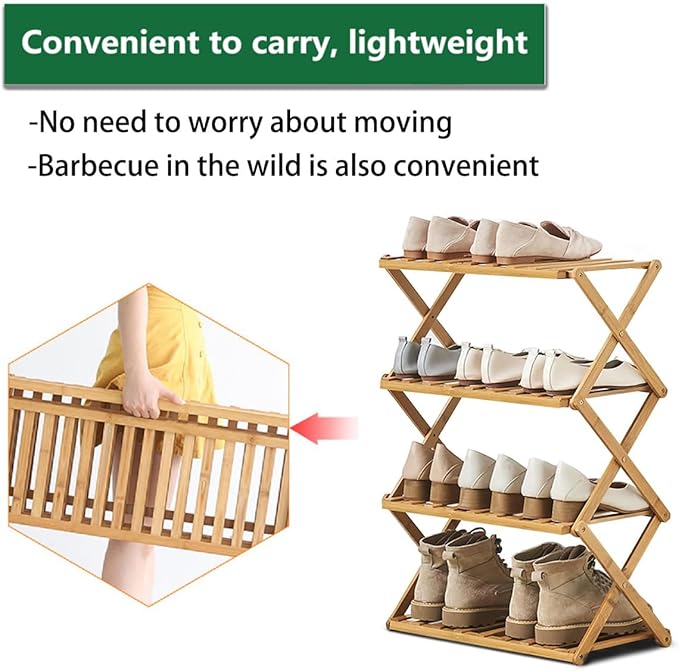 4 Tier Bamboo Shoe Rack,Portable Folding Shoe Storage Rack,Without Installation Small Shoe Rack Perfect for Corridors, Bedrooms and Small Spaces (4 Tier)