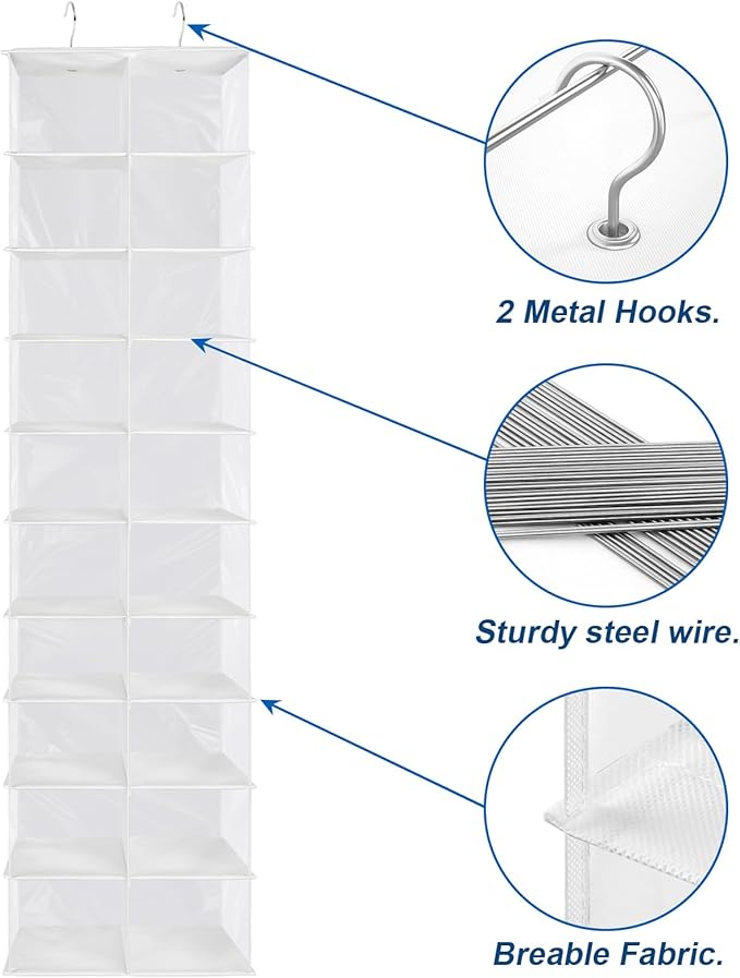 Libeder Hanging Shoe Organizer for Closet, Hanging Closet Organizers 20 Section Shoe Shelves, Space Saving Shoe Holder & Storage, White, 12''W×12''Dx 50''H