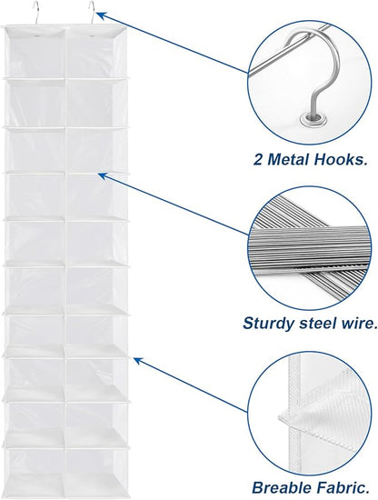 Libeder Hanging Shoe Organizer for Closet, Hanging Closet Organizers 20 Section Shoe Shelves, Space Saving Shoe Holder & Storage, White, 12''W×12''Dx 50''H