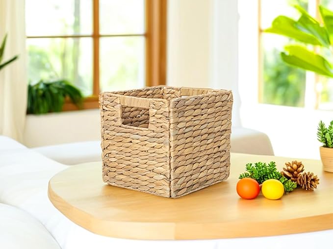 YAHUAN Foldable Water Hyacinth Storage Cubes 9X9 Hand Woven Wicker Storage Bins Square Basket Storage Basket for Shelves (Water hyacinth)