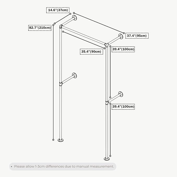 Black Industrial Pipe Clothing Rack 37.4" W Wall Mounted, Heavy Duty Iron Garment Rack 150 lbs per Rod, Open Closet Organizer for Bedroom Laundry Room Retail Display
