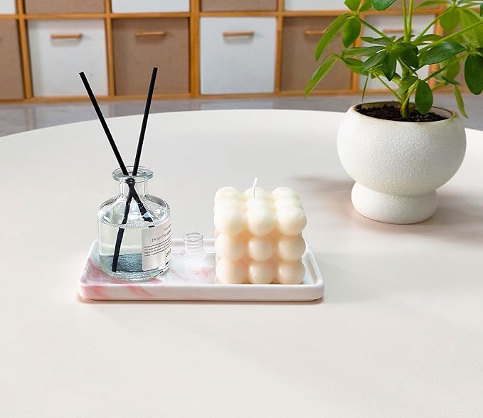 6.4" Porcelain Small Bathroom Tray, Ceramic Countertop and Vanity Tray for Cosmetics, Perfume, Jewelry, Candle - Kitchen Soap Tray for Kitchen Counter (Pink)