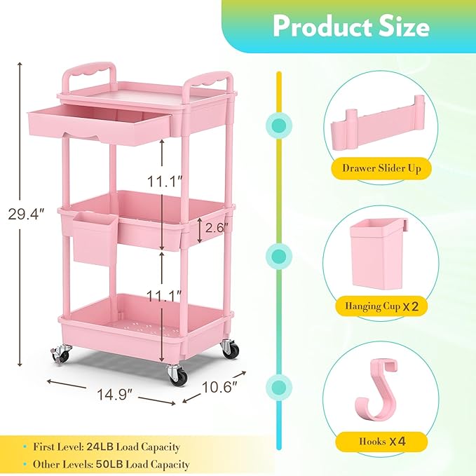 SUNALLY Makeup Cart Organizer with Drawers, Floor Skincare Organizers Vanity Storage Organizer, Rolling Makeup Bathroom Storage Cart Cosmetics Display Cases for Skin Care Perfume Nail Polish, Pink