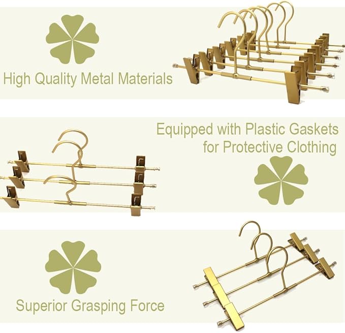 Shorts Hangers 20 Pack Jeans Hangers for Closet 11.8" Gold Aluminium Hangers with 2 Adjustable Clips Pants Hanger Shirt Slim Hangers for Men Women Metal Hangers