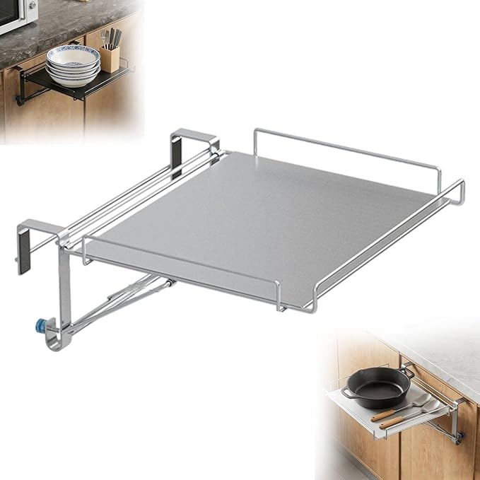 Foldable Cabinet Door Organizer Shelf & Countertop Extender - Metal Storage Rack with Hanging Design,Space-Saving Kitchen Hanging Shelf for Spices, Utensils & Pantry Items (Silver)
