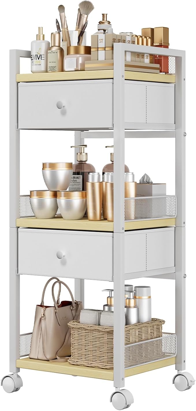 Flycity Makeup Organizer Cart with Drawers, 5 Tier Rolling Makeup Cart, Floor Skincare Organizers, Vanity Organizer Storage with Wheels Cosmetic Display Cases for Skin Care Perfume Nail Polish, White