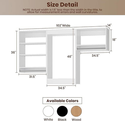 ROOMTEC Modular Closet System, 102" Closet Organizer with Hanging Rods, Wall-Mounted Wooden Tower for Walk-In Closets, Wardrobe Storage Kit, White