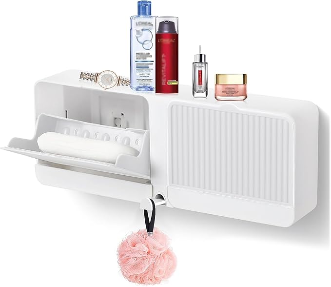 Soap Holder with Hooks, 2-in-1 Wall Mounted Soap Dish, No Drilling Soap Bar Holder with Self Draining to Keep Soap Bars Dry, Suit for Shower, Bathroom and Kitchen(White)