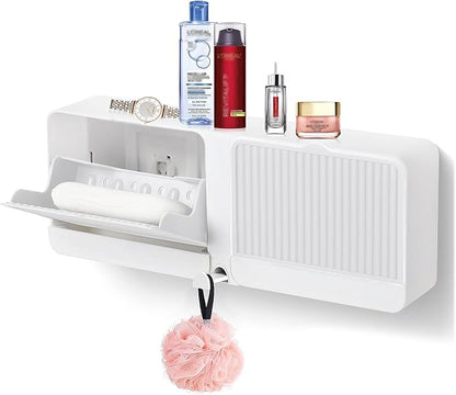 Soap Holder with Hooks, 2-in-1 Wall Mounted Soap Dish, No Drilling Soap Bar Holder with Self Draining to Keep Soap Bars Dry, Suit for Shower, Bathroom and Kitchen(White)