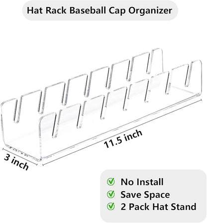 Hat Stand for Baseball Caps, 2 Pack No Install Acrylic Hat Organizer for 14 Baseball Caps, Hat Racks for Baseball Caps Display and Organizer for Bedroom, Closet, Dresser(Clear)