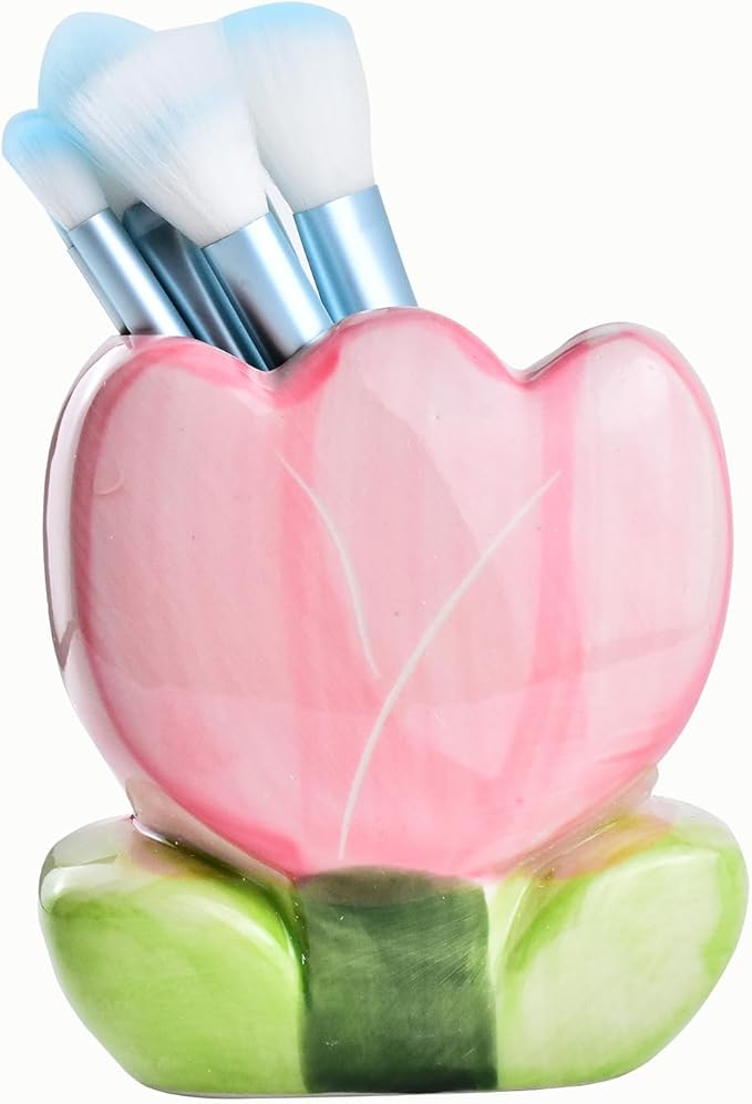 Ceramic Tulip Cosmetic Storage Box, Desktop Organizers Make Up Brush Storage Stand Desktop Storage Box for Brush,Pencil,Art Supplies, Painting Brush (Pink)