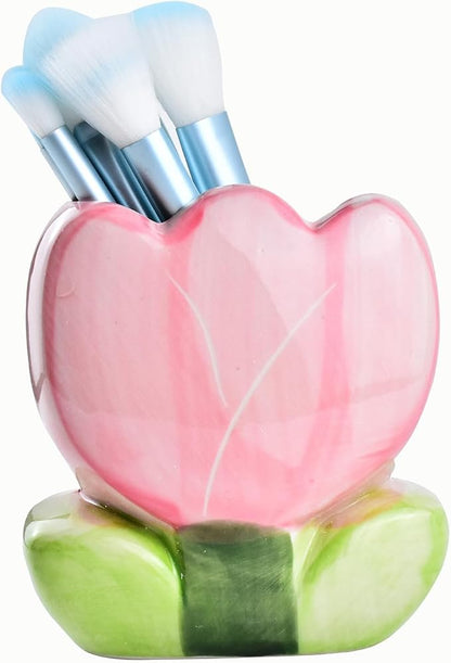 Ceramic Tulip Cosmetic Storage Box, Desktop Organizers Make Up Brush Storage Stand Desktop Storage Box for Brush,Pencil,Art Supplies, Painting Brush (Pink)