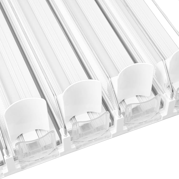Soda Can Organizer, Automatic Pusher Glide Drink Dispenser for Fridge, Adjustable Width Beverage Holder, Storage 25 Cans 5 Row (White)