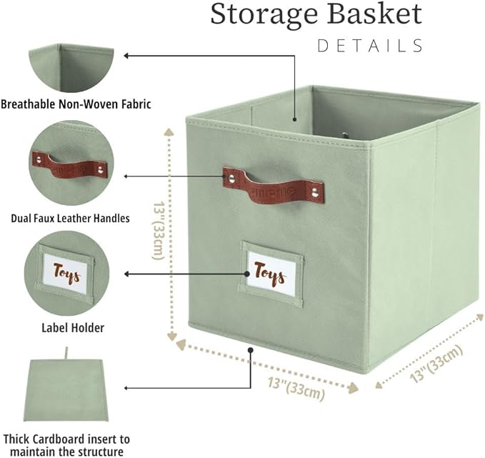 DECOMOMO Storage Cubes, 13x13x13 Storage Cube Bins with Labels, Fabric Organizer Bins (13" / 6pcs, Sage Green)