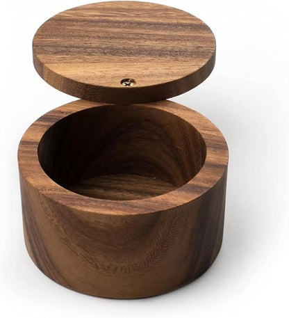 Acacia Wood Salt cellar bowl Box with Swivel Lid – Wooden Salt box for Kitchen Countertop, Salt Keeper for Cooking, Spices & Seasonings