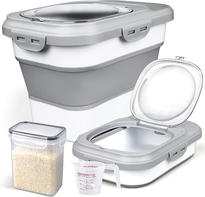Komzon Rice Storage Container, Collapsible Airtight Food Storage Containers 6-20 Lbs, Rice Dispenser with Measuring Cup and Small Bin for Flour Cereal Pasta Grain, Cat Pet Dog Bird Food Container