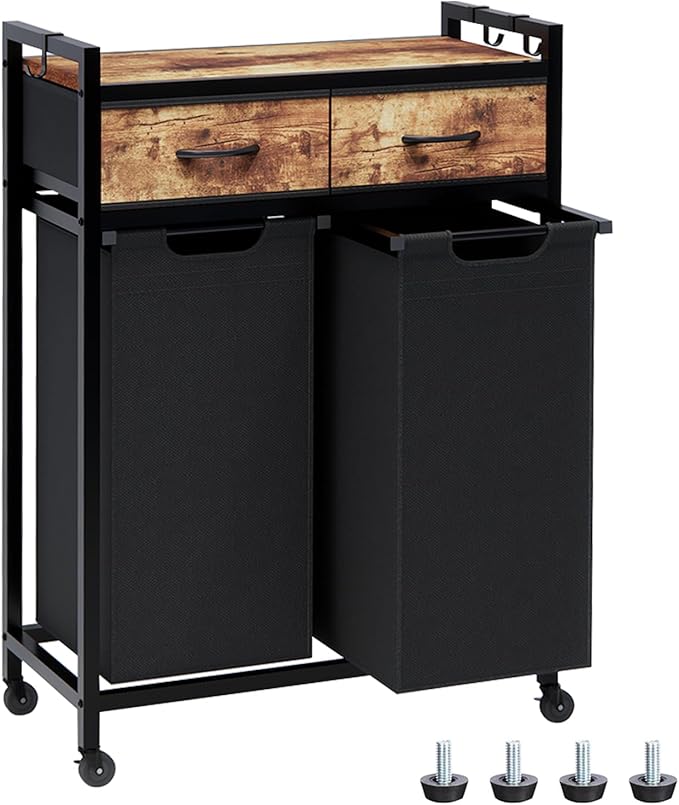 Timberer Laundry Hamper, Laundry Sorter 2 Section, Rolling Laundry Basket with Wheels, 2 Drawers, 2 × 14.5 Gal (55 L), Pull-Out and Removable Oxford Fabric Bags, Black and Rustic Brown