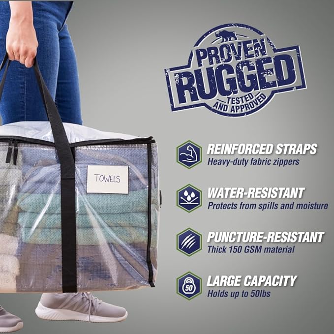RUGGED RHINO 8 Pack Heavy Duty Extra Large Moving Bags, Durable Bag with Strong Handles and Zipper, Moving Boxes Alternative for College Packing, Holiday Décor, Space Saving Storage with Label, Clear