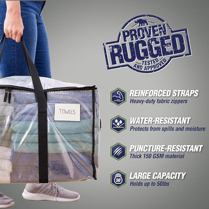 RUGGED RHINO 6 Pack Heavy Duty Extra Large Moving Bags, Durable Bag with Strong Handles and Zipper, Moving Boxes Alternative for College Packing, Holiday Décor, Space Saving Storage with Label, Clear