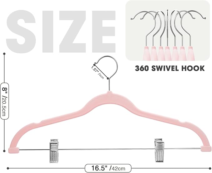 24-Pack Blush Pink Velvet Hangers with Clips Adjustable,Adult Hangers,Heavy-Duty,Felt,Non-Slip,Space Saving,Slim Outfit Hanger for Pants, Skirts, Suits,Coats, Dresses ect.