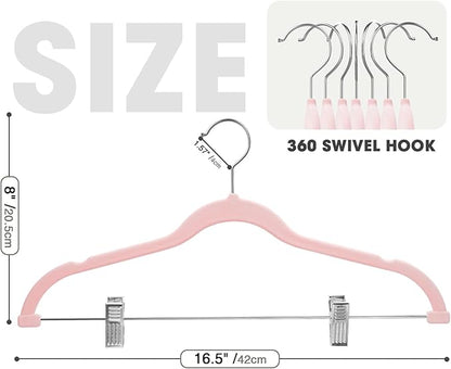 24-Pack Blush Pink Velvet Hangers with Clips Adjustable,Adult Hangers,Heavy-Duty,Felt,Non-Slip,Space Saving,Slim Outfit Hanger for Pants, Skirts, Suits,Coats, Dresses ect.