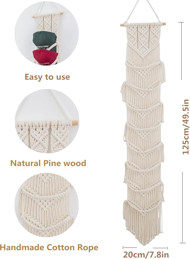 Macrame Cap Holder, Boho Hats organizer for baseball Caps, Hat Rack for Wall Hanging Decoration, Cap Rack for collection Display, Handmade Cap Hanger Storage Organizer (2Pcs-Eight hats)
