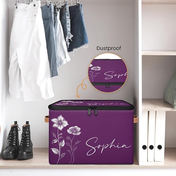 Custom Flower Storage Bins with Lid, Foldable Personalized Storage Basket Boxes with Handle Purple Shelf Basket Closet Organizer Cube