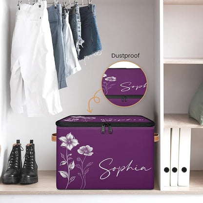 Custom Flower Storage Bins with Lid, Foldable Personalized Storage Basket Boxes with Handle Purple Shelf Basket Closet Organizer Cube