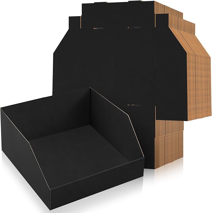Fuyoooo 30 Pack 12 x 8 x 4.5 Inches Cardboard Storage Bins Open Top Bin Boxes Black Corrugated Shelf Organizer Bins for Pantry, Parts, Garage, Snacks, Bottles, Cans or Warehouse Home Cubby