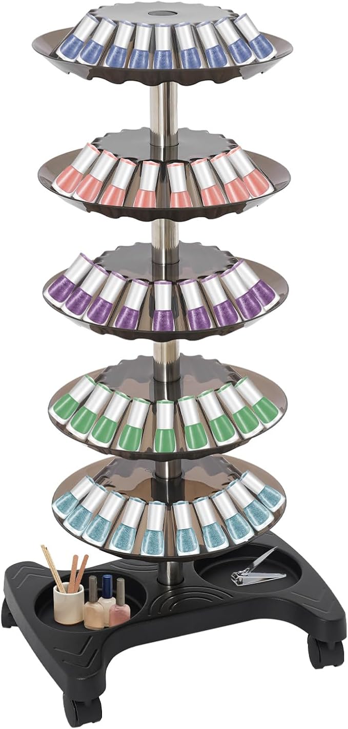 Nail Polish Trolley Display Stand, 5 Tier Spinning Rack with Wheels, Holds 120 Bottles, Freestanding Nail Polish Storage Rack for Nail Salons, Home (Black)