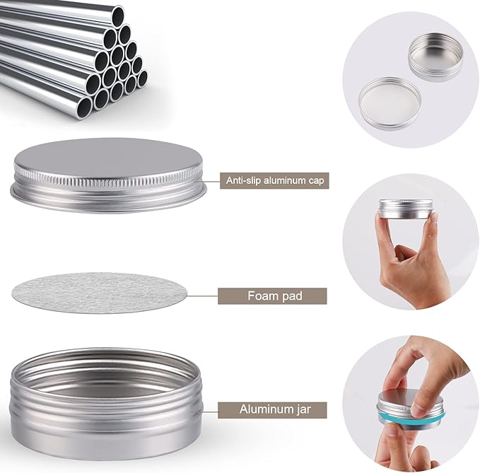 OBKJJ 48 Pcs Aluminum Round Cans with Lid, 2 Oz Metal Tins Food Candle Containers with Screw Tops for Crafts, Food Storage, DIY (Silver)